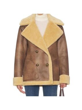 Free People Brown Shearling Leather Jacket with Cream Trim L One Day Sale